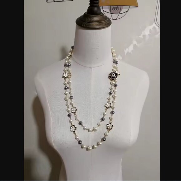 New Pearl Camellia Number5 Flower Double Long Necklace - Picture 12 of 16